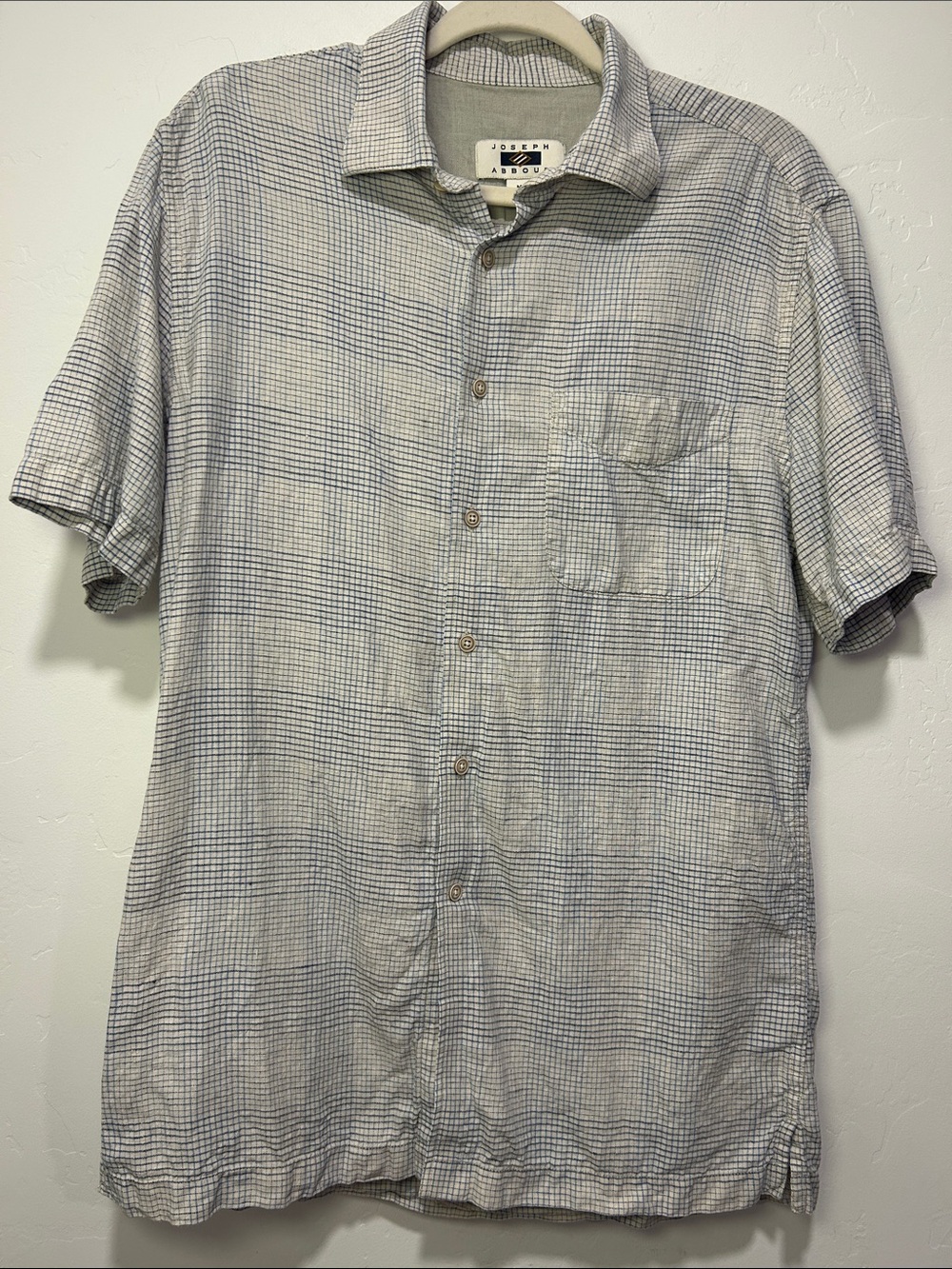 Men’s 100% Linen Short Sleeve Button Front Shirt Blue Check Plaid Size Medium